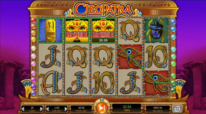 Cleopatra slot with cartouche, scarab and eye of ra symbols, and a win featuring two cleopatra wilds