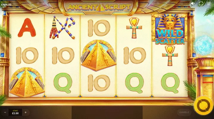 Ancient Script slot featuring a clean 5x3 reel set with pyramid, sphinx, flail and crook, and card value symbols