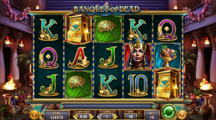 Banquet of Dead slot featuring Queen Nitocris, fan, tomb and ornate card value symbols and a 5x3 reel set