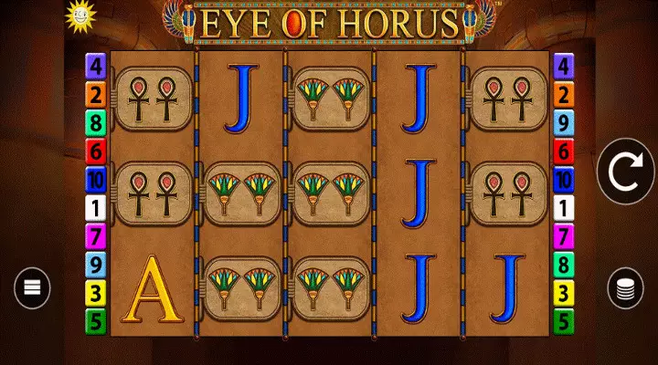 Eye of Horus slot showing 5x3 reel set with fan, ankh and card value symbols