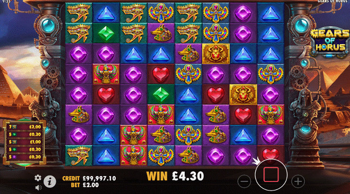 Gears of Horus slot featuring expanded 8x8 grid layout filled with colourful gems and egyptian symbols