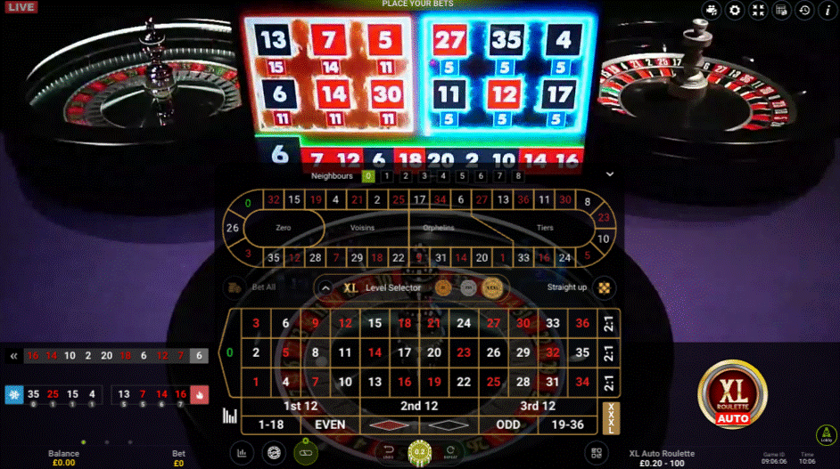 XL Roulette live dealer game with the racetrack open showing Zero, Voisins, Orphelins and Tiers section bets 