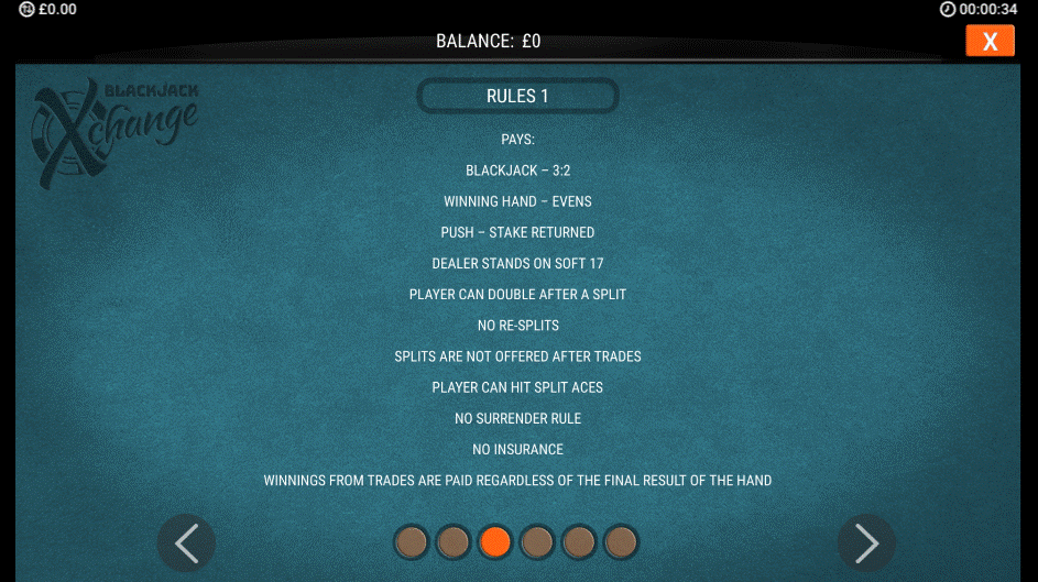 Blackjack Xchange game showing payouts and rules page, including Blackjack, Win and Push payouts, and Soft 17 rule