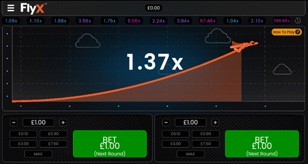 FlyX crash game featuring an orange superhero flying through the sky and a multiplier increasing as the superhero flies higher