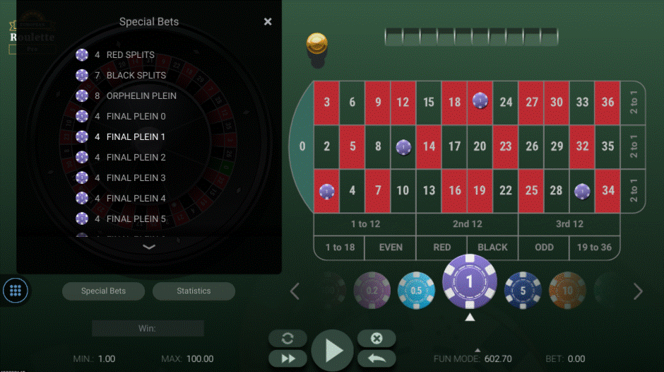 European Roulette Pro with the Special Bets menu open showing all available section bets, with Final Plein 1 highlighted