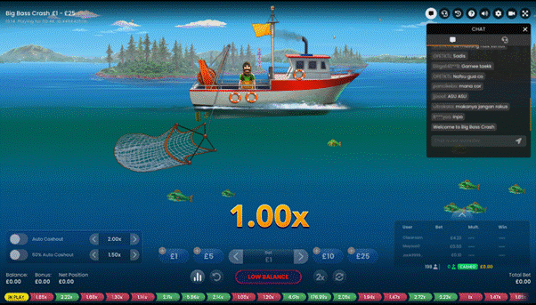 Big Bass Crash game featuring a fishing boat dragging a trawler net through the water with an increasing multiplier underneath