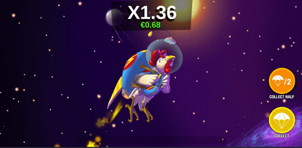 Circus Launch crash game featuring a chicken with a rocket on its back flying through space as a multiplier overhead increases