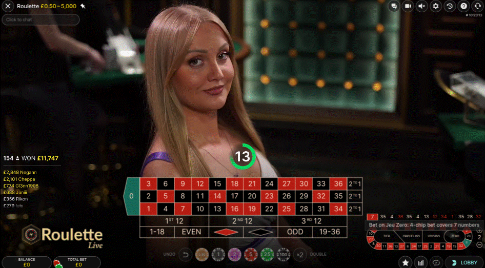 Roulette Live game showing the racetrack in the bottom right corner with the jeu zéro bet highlighted 