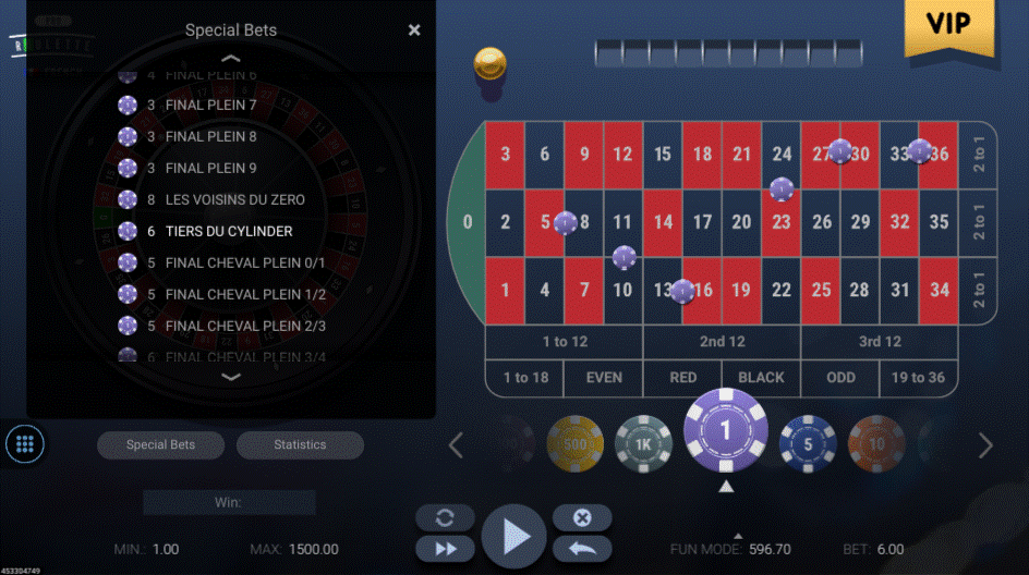 French Roulette Pro VIP game highlighting the tiers du cylindre bet within the Special Bets menu 