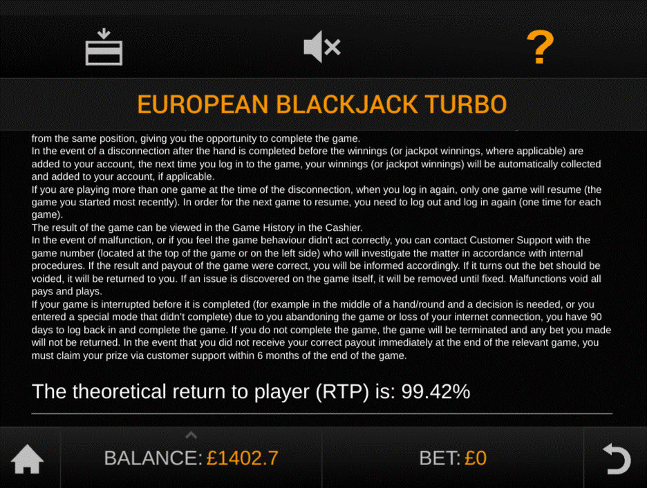 European Blackjack Turbo game showing the rules section with the RTP displayed at the bottom