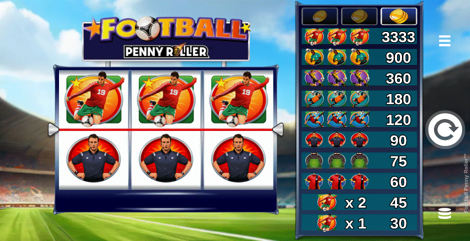 Football Penny Roller football slot with 3 reels, player and referee symbols, and a football stadium background