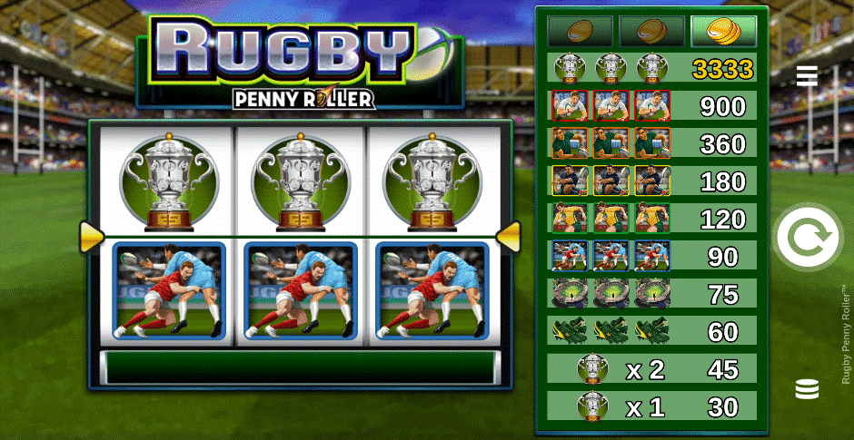 Rugby Penny Roller sports slot with a 3x2 reel set, 1 payline, and rugby themed symbols 