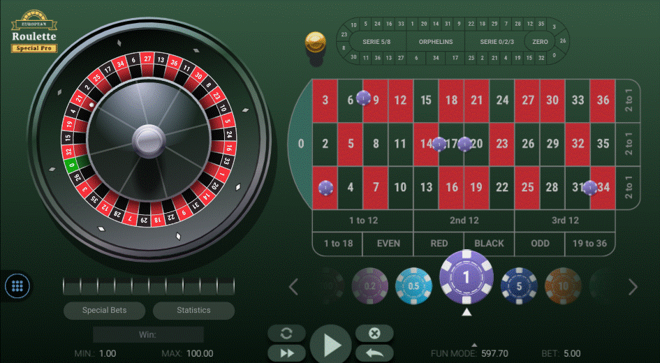 European Roulette Special Pro game with the orphelins numbers of 1, 6, 9, 14, 20, 31, and 34 on the roulette table.