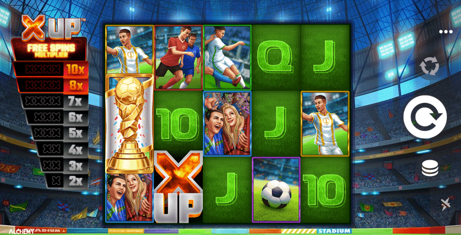 Football Finals X Up football slot with a 5x3 reel set, X Up free spins multiplier gauge, and evening stadium background