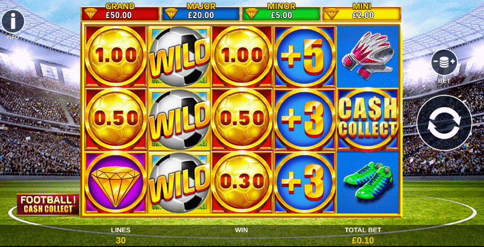 Football Cash Collect football slot with gold 5x3 reel set, stacked football wilds, and 4 jackpots