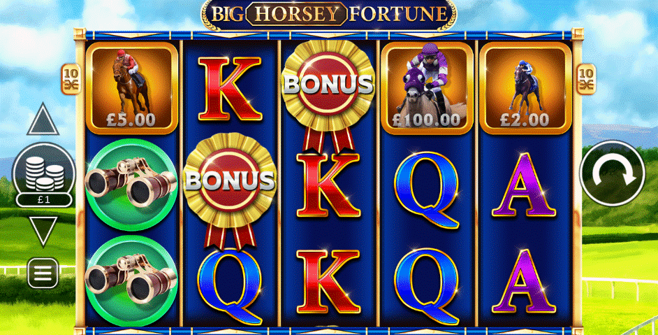 Big Horsey Fortune sports slot with a 5x3 reel set, 10 paylines, and horse, binoculars, and rosette symbols