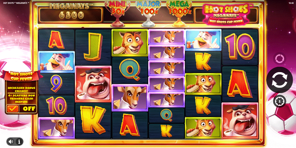 Hot Shots Megaways football slot with variable sized reels, comical animal symbols, and 3 jackpots