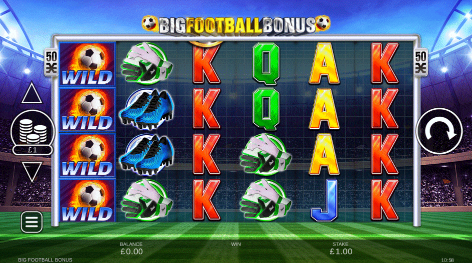 Big Football Bonus football slot with 6 reels set up with goal posts and featuring football, boots, and gloves symbols