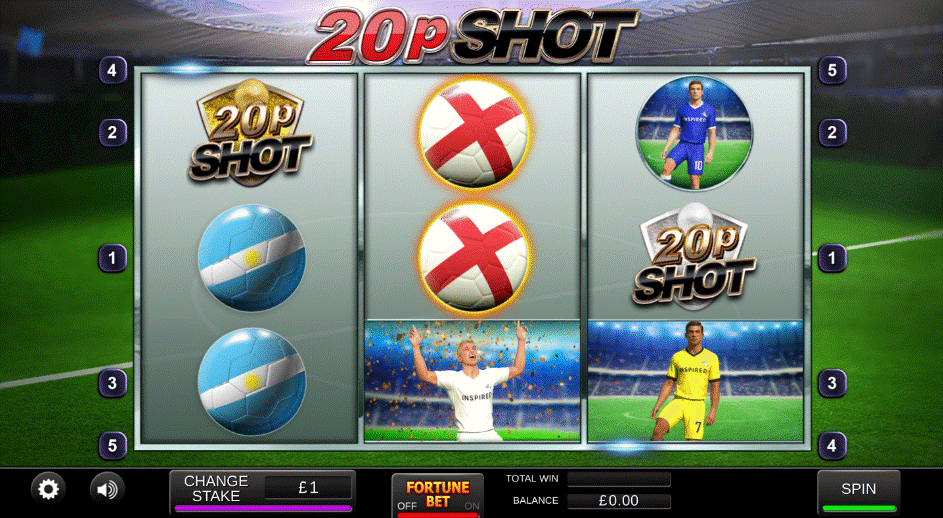 20p Shot football slot with 3 reels, 5 paylines, and footballs with various international flag designs