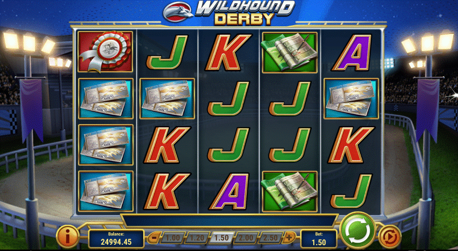 Wildhound Derby sports slot with a 5x4 reel set, betslip and rosette symbols, and a greyhound racetrack theme