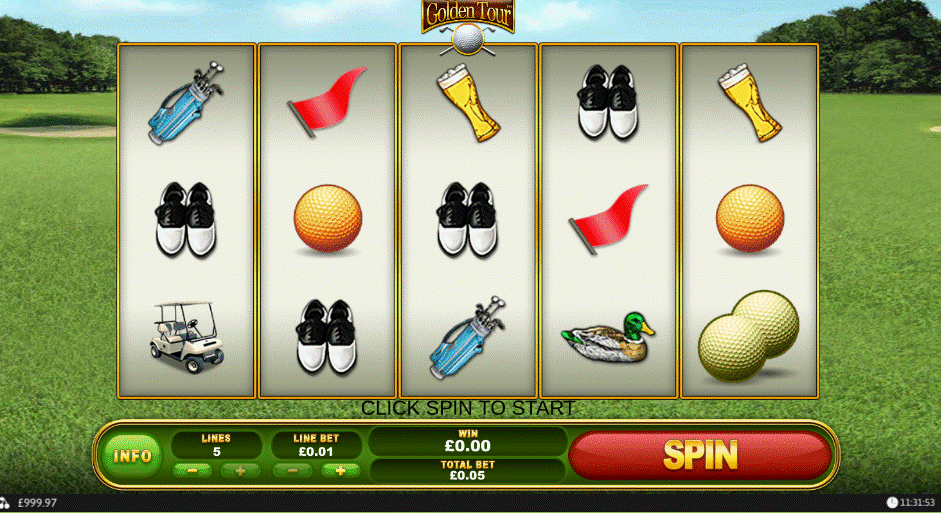 Golden Tour sports slot with 5x3 reel set, 5 paylines, and golf theme