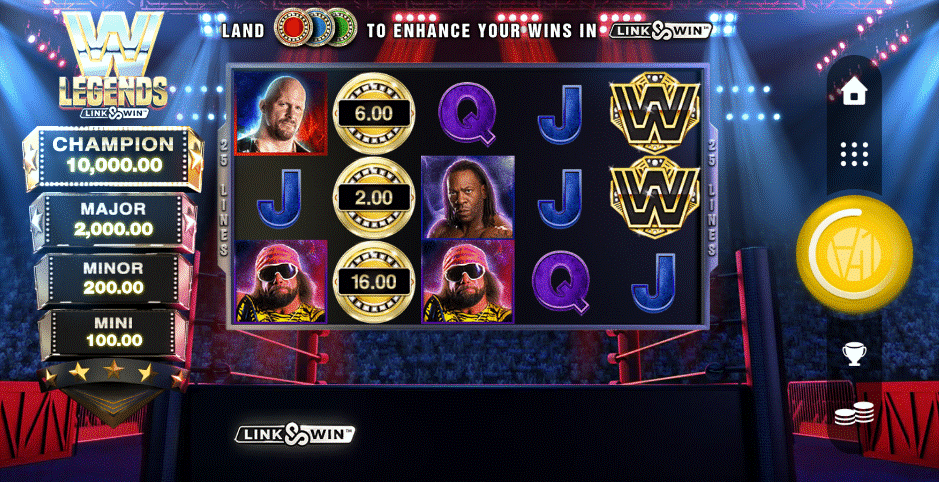 WWE Legends Link & Win sports slot with wrestling theme, ringside backdrop, and 4 jackpots