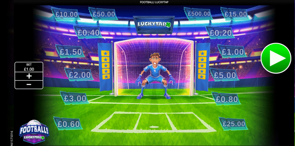 Football LuckyTap game featuring a goalkeeper in the goal with a penalty spot at the front and prize values all around