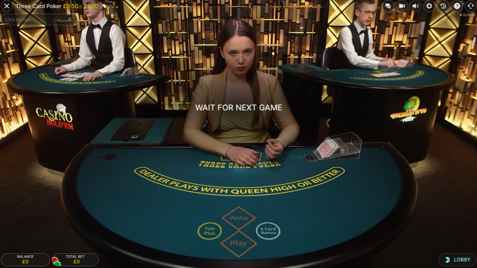 3 Card Poker by Evolution featuring a live dealer in a champagne-coloured studio 