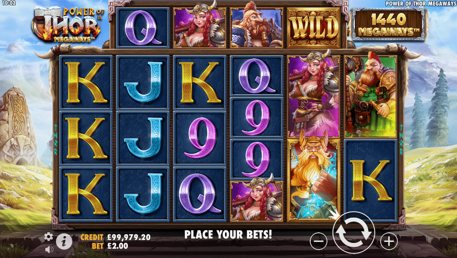 Power of Thor Megaways slot featuring six reels, colourful card value symbols, and Norse characters