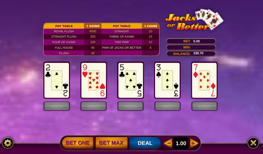 Jacks or Better video poker game played at the maximum of five coins, giving a royal flush payout of 4,000 coins.