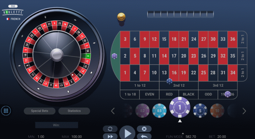 French roulette table with James Bond Roulette Strategy bets of £1 on 0, £5 on 13-18 double street and £14 on High 19-36