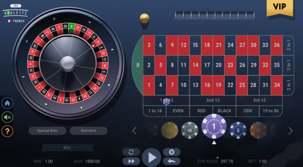 French Roulette game with a chip placed on the 1st 12 dozens bet