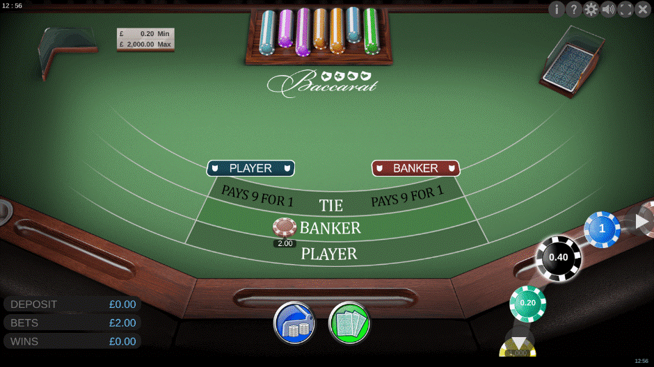 Baccarat online game showing a £2 bet placed on the Banker position 