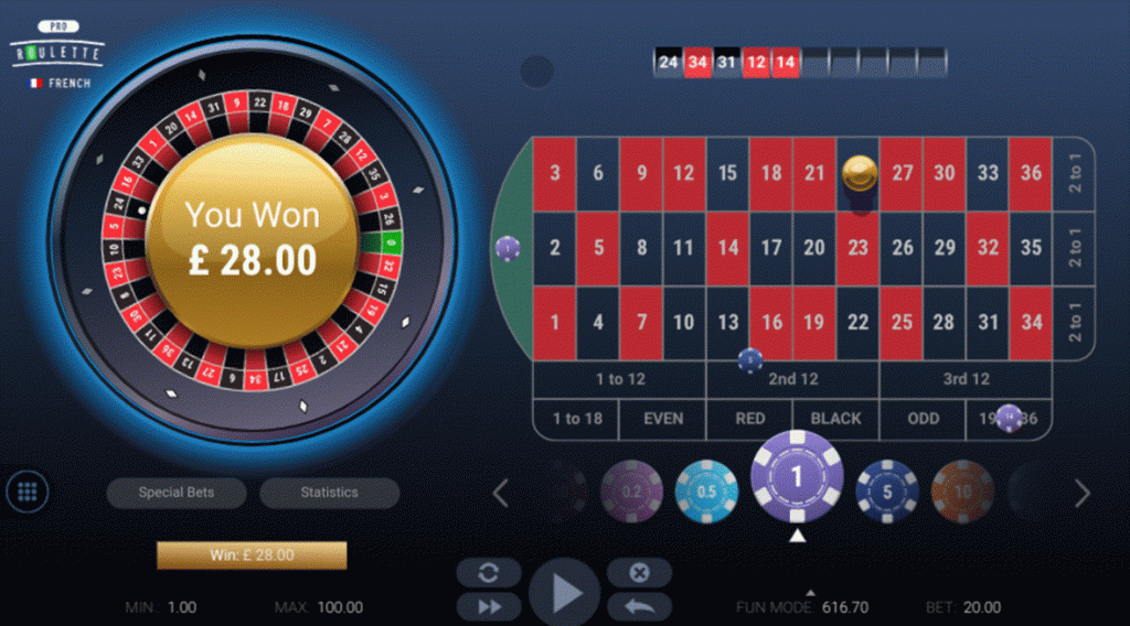 French Roulette James Bond Strategy win with winning number 24 triggering the High 19-36 payout of evens for £28