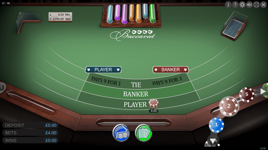 Baccarat online game showing a £4 bet placed on the Player position 