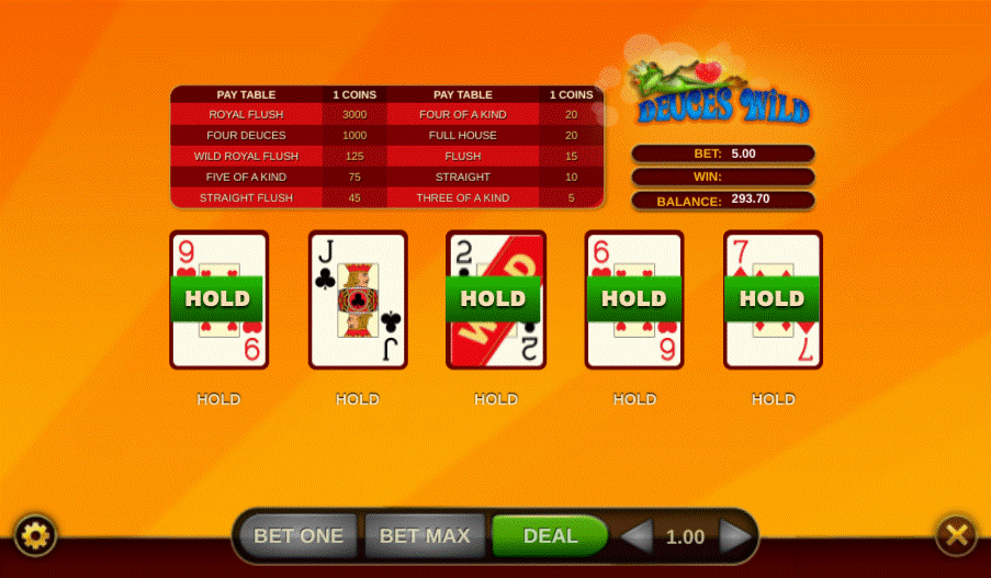 Deuces Wild video poker game holding a 1 Deuce 4 of an outside Straight deal