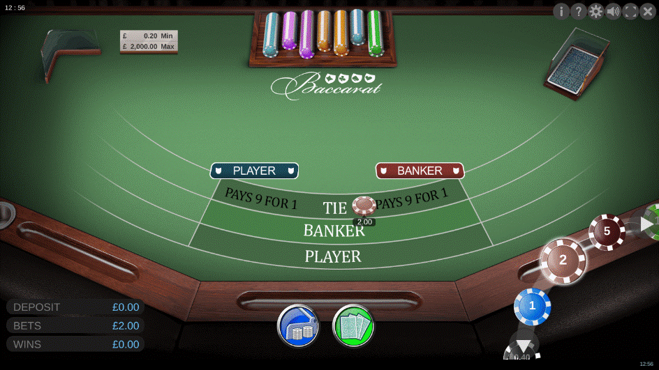 Baccarat online game showing a £2 bet placed on the Tie position, which pays 9/1