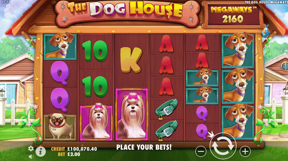 The Dog House Megaways slot featuring a kennel style reel set with symbols of various dogs