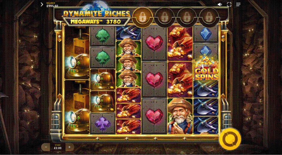 Dynamite Riches Megaways slot with a mine shaft theme and pickaxe, gold, and dynamite symbols