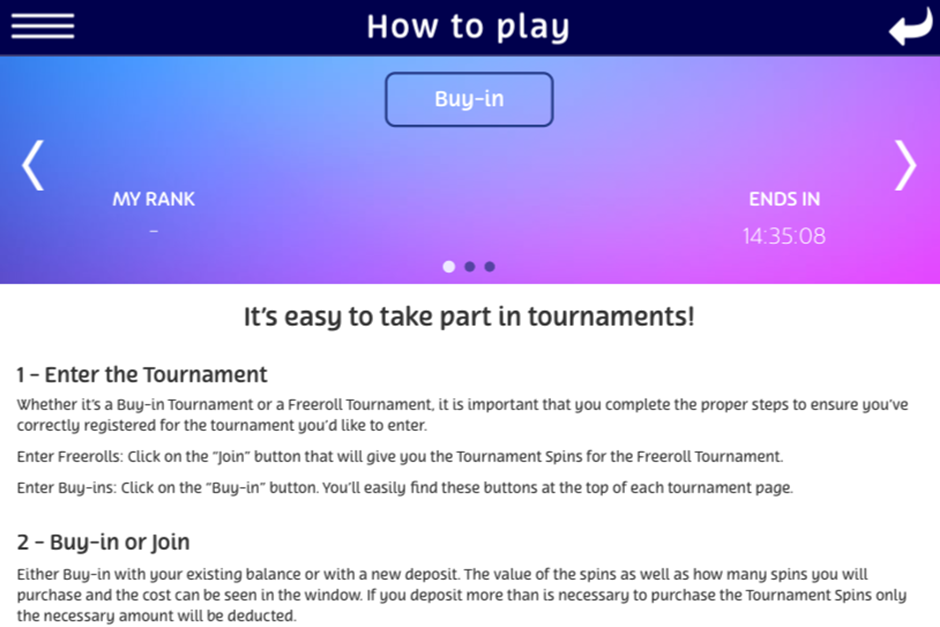 Instructions on how to play slots tournaments along with a Buy-in button to enter the tournament 