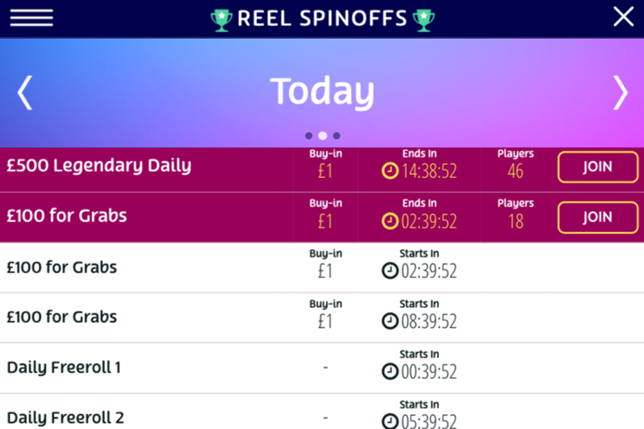 Reel Spinoffs tournament list with £500 Legendary Daily, £100 for Grabs, and Daily Freeroll slots tournaments