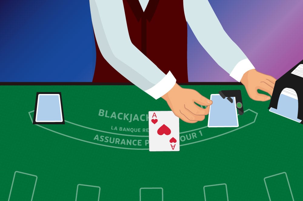 Table de blackjack avec des étiquettes pour les sièges de première base (le plus proche du sabot, le plus à droite) et de troisième base (le plus à gauche).