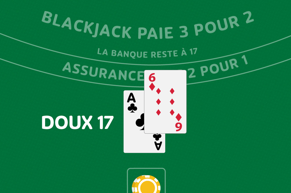 gros plan de la main du croupier (8 face visible, deuxième carte face cachée, avec des étiquettes pour chaque carte : CARTE MONTANTE, CARTE CACHÉE